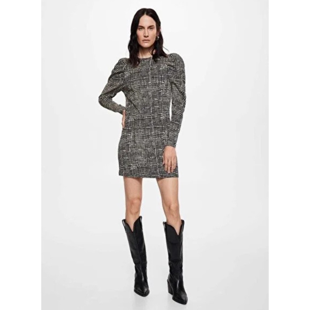 Mango Textured Puff Sleeve‎ Dress Size 2 NWT Ecru Grid Mini Chic